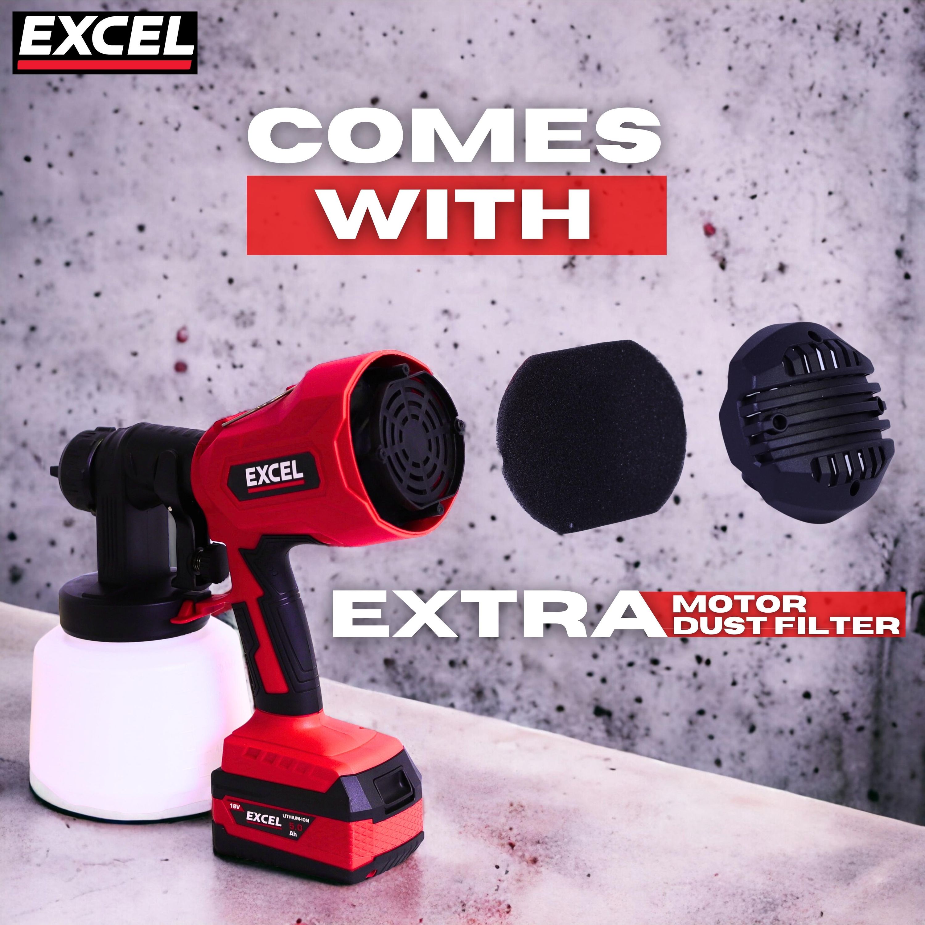 Excel 18V Cordless 1000ml Spray Gun with 1 x 2.0Ah Battery & Charger