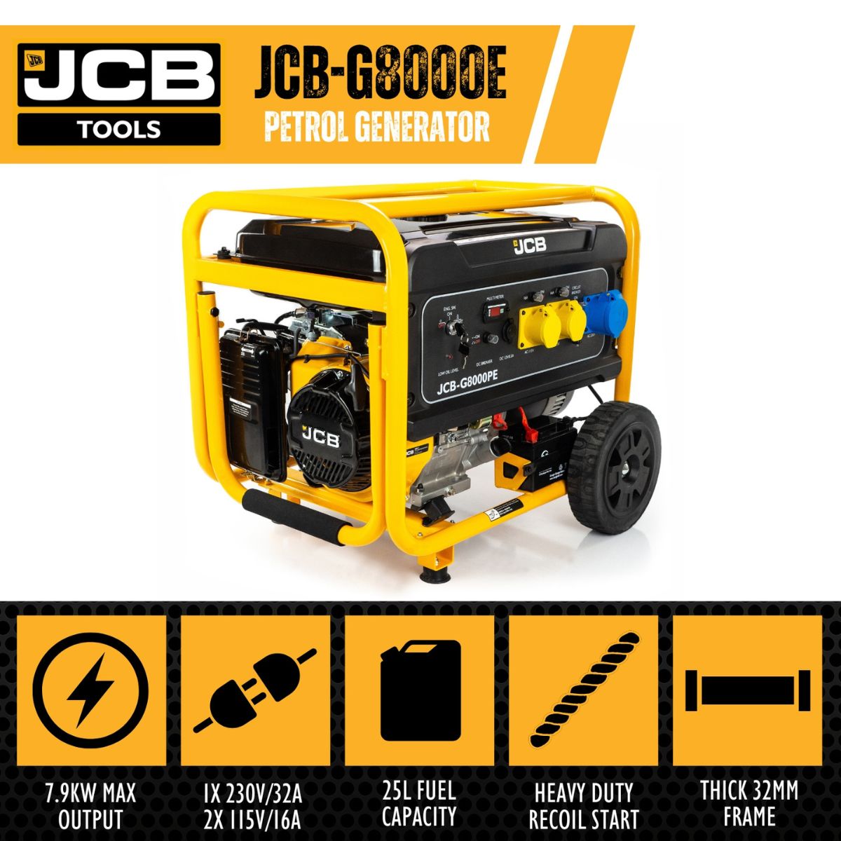 JCB G8000PE Electric Start Petrol Site Generator 457cc 115V/230V