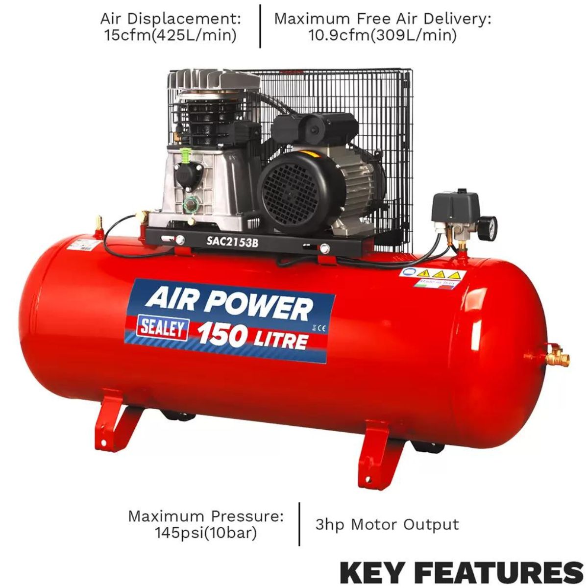 Sealey SAC2153B 150L Belt Drive Air Compressor with Cast Cylinders 230V