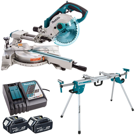 Makita DLS713NZ 18V 190mm Slide Compound Mitre Saw With 2 x 5.0Ah Batteries, Charger & Mitre Saw Stand