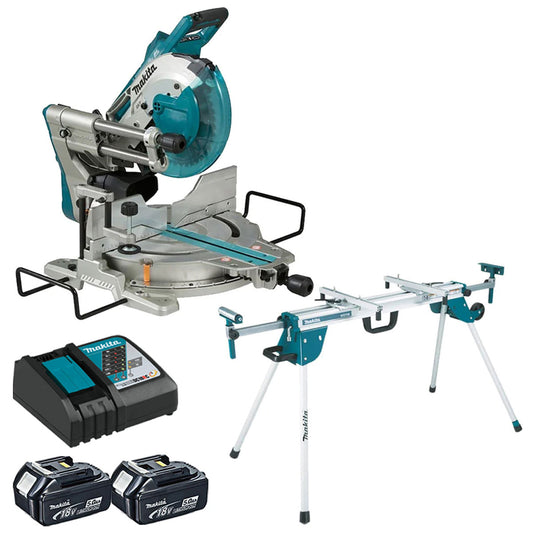 Makita DLS110Z 18V / 36V Brushless Mitre Saw With 2 x 5.0Ah Batteries, Charger & Stand