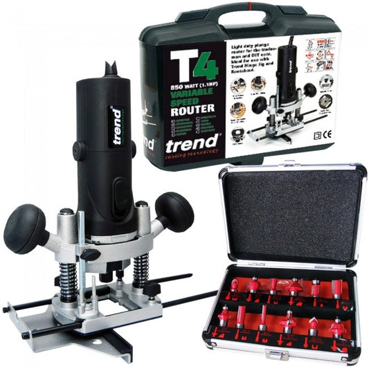Trend T4EK 1/4" Variable Speed Router 230V/850W With Excel 12 Piece Cutter Set
