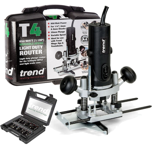 Trend T4EK 1/4" Variable Speed Router 230V 850W With 12 Piece Cutter Set