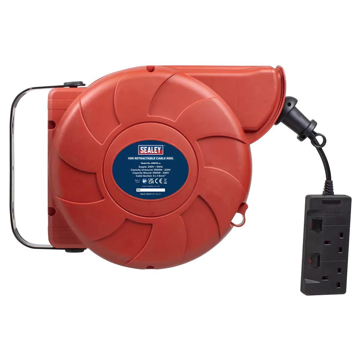 Sealey CRM15 Cable Reel System Retractable 15m 2 x 230V Socket