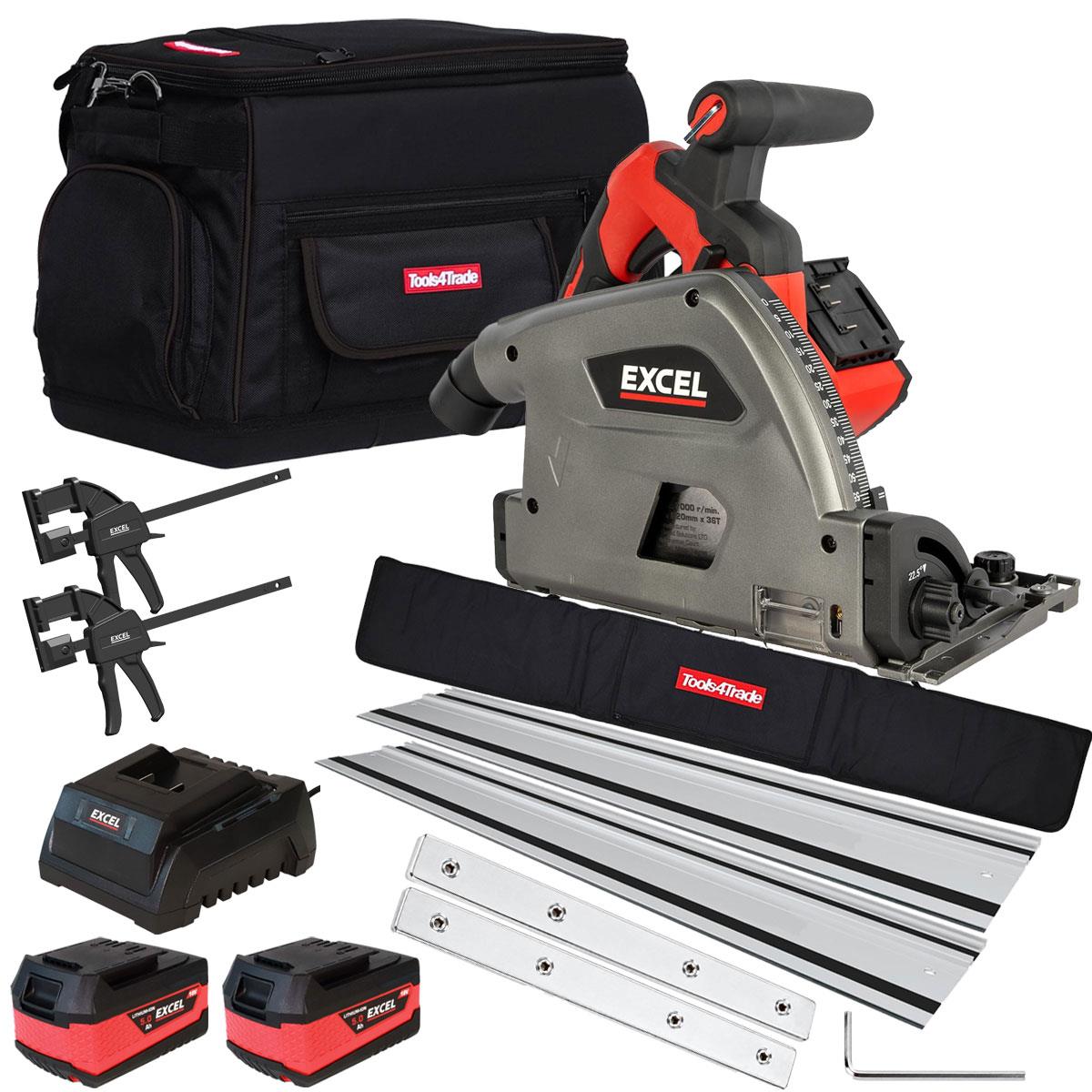 Excel 36V Brushless 165mm Plunge Saw with 2 x 5.0Ah Battery, Charger, Tool Bag & Guide Rail Accessories Set