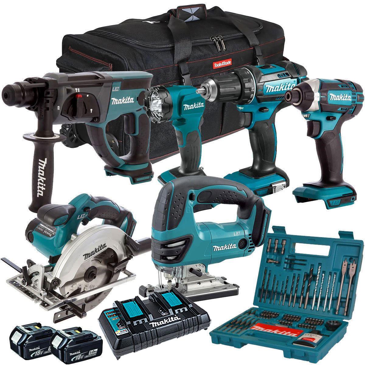 Makita 18V 6 Piece Kit 2 x 5.0Ah Batteries Charger & 100 Piece Drill Set T4TKIT-6568