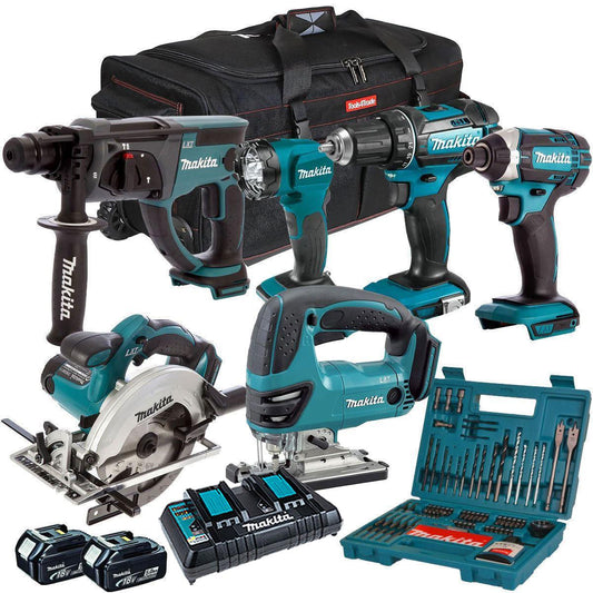 Makita 18V 6 Piece Kit 2 x 5.0Ah Batteries Charger & 100 Piece Drill Set T4TKIT-6568