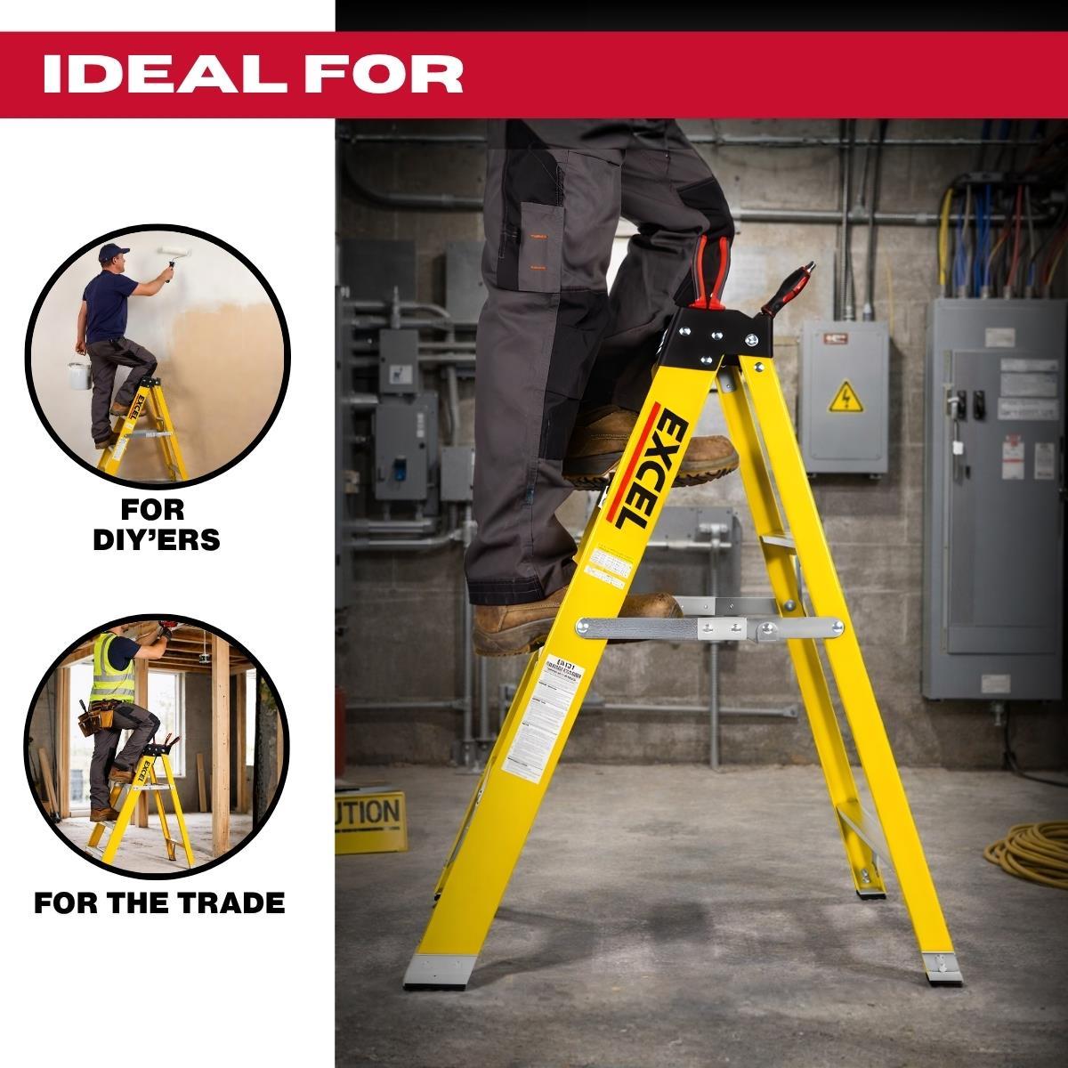 Excel Heavy Duty Fibreglass 4 Tread Ladder with Folding Hop up