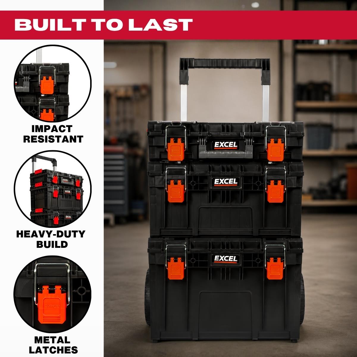Excel Modular Tool Box Heavy Duty Mobile Storage 3 Piece Set with Wheels
