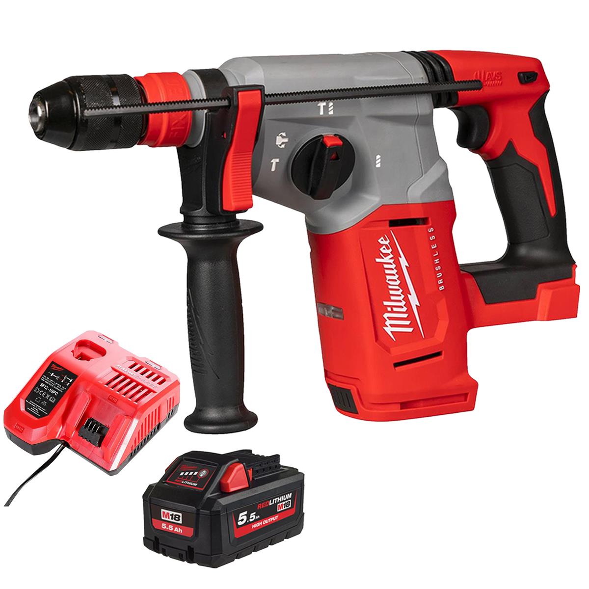 Milwaukee M18BLHX-0 18V Brushless 4-Mode SDS+ Hammer Drill With 1 x 5.5Ah Battery & Charger