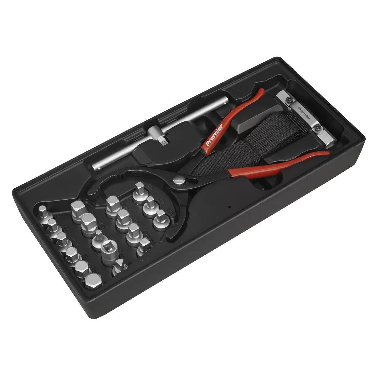 Sealey TBT28 Premier Oil Filter Wrench, Pliers & Drain Key Set with Tool Tray 21pc