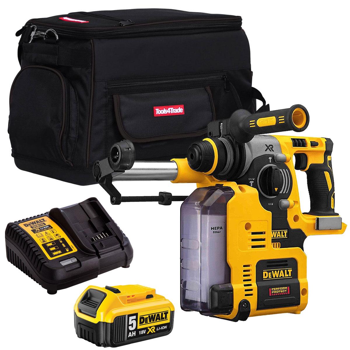 Dewalt DCH273N 18V XR SDS+ Rotary Hammer Drill With Dust Extraction System & 1 x 5.0Ah Battery Charger, Bag