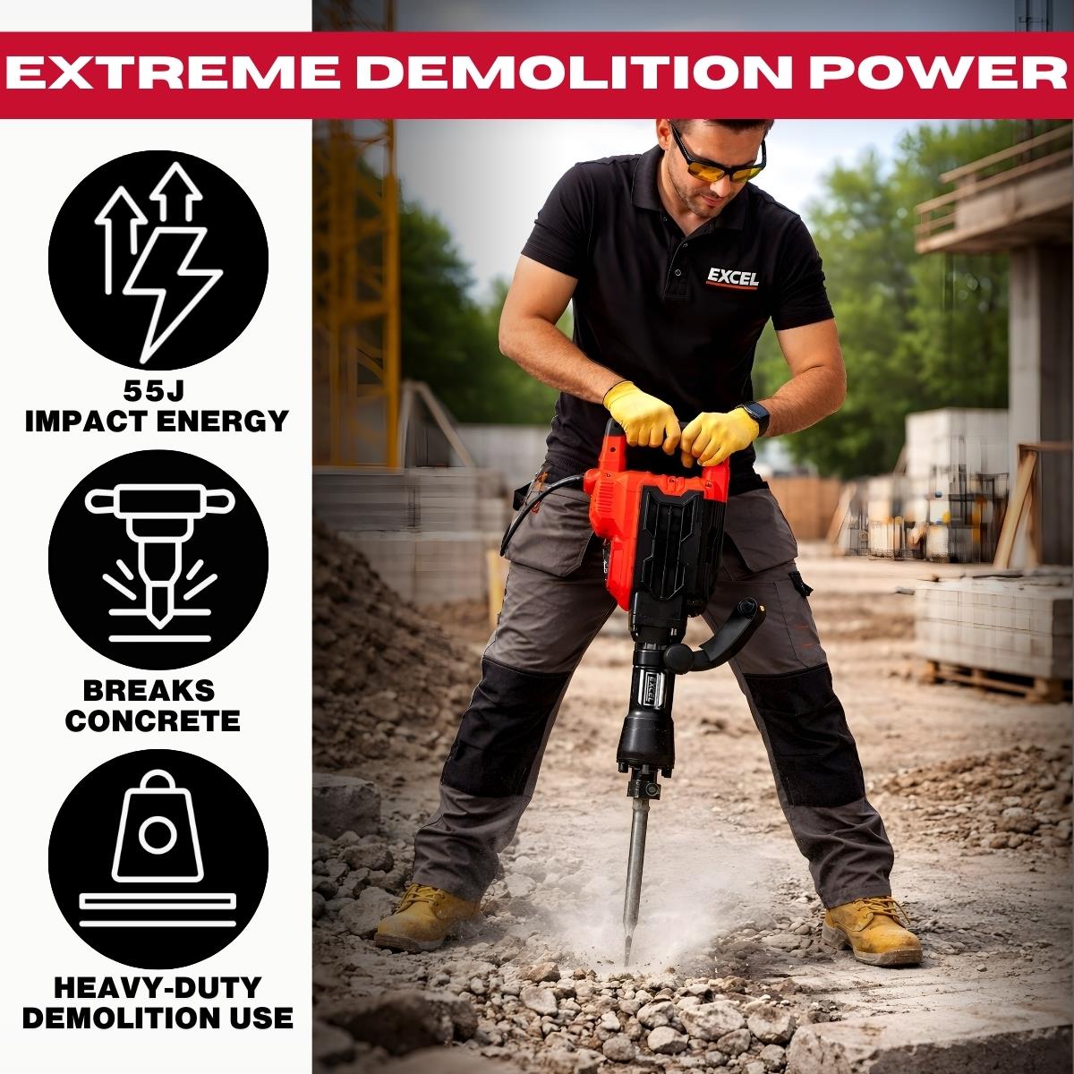 Excel 1700W 55J Hex Shank Demolition Hammer 230V with Case & Chisels Item Condition Damaged Box