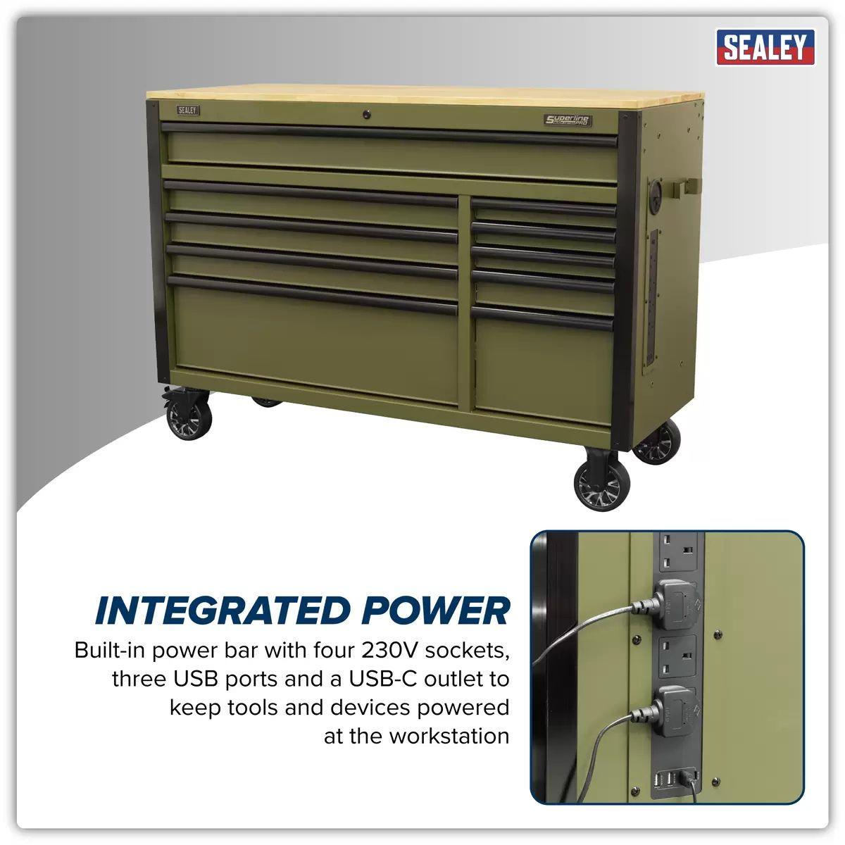 Sealey AP5210KBE Superline PRO Mobile Trolley with Wooden Worktop & Power Bar 10 Drawer 1320mm