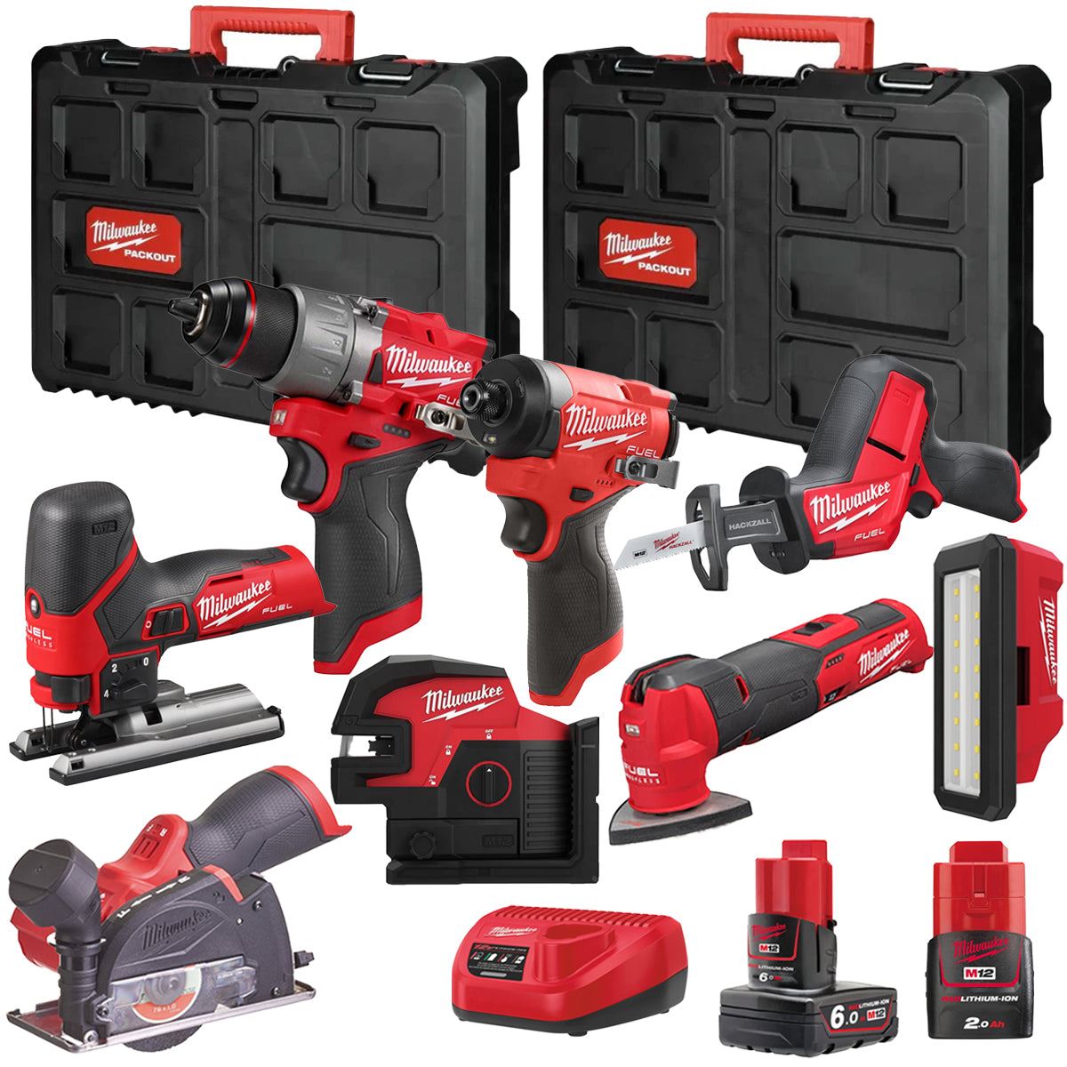Milwaukee M12FPP7B2-628P 12V Fuel 8 Piece Powerpack Tool Kit with 1 x 6.0Ah & 2.0Ah Batteries, Charger & Case