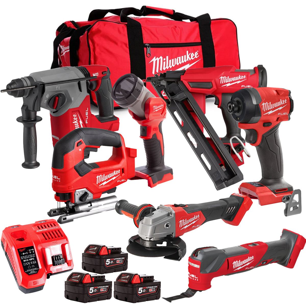 Milwaukee M18FPP6L3-503BK16 18V Brushless 7 Piece Tool Kit with 3 x 5.0Ah Batteries Charger & Wheeled Bag
