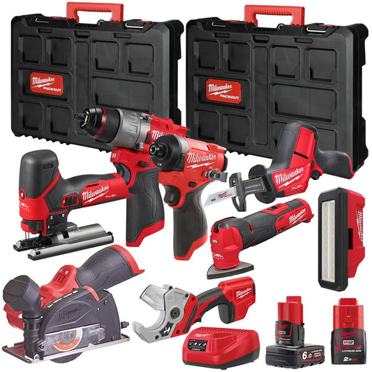 Milwaukee M12FPP7B2-631P 12V Fuel 8 Piece Powerpack Tool Kit with 1 x 6.0Ah & 2.0Ah Batteries, Charger & Case