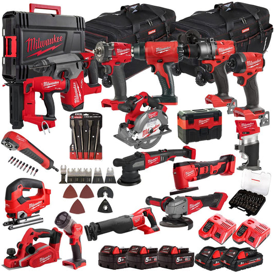 Milwaukee 18V 16 Piece Combo Kit with 5 x Batteries & Charger & Accessory Set M18T4TKIT-4616