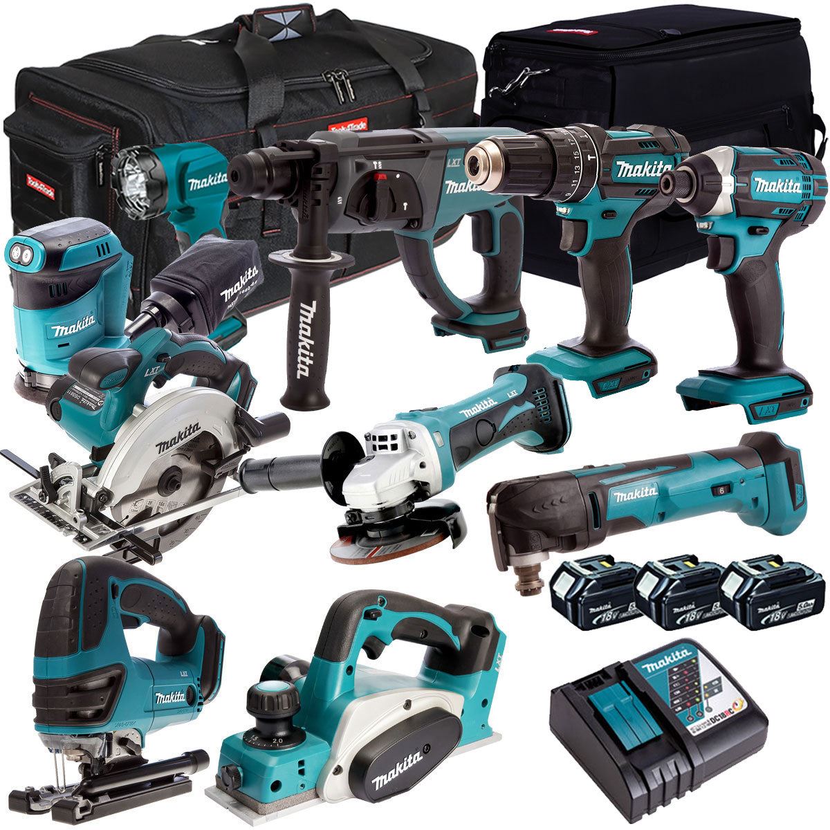 Makita 10 Piece Power Tool Kit 18V LXT 3 x 5.0Ah Batteries T4TKIT-265