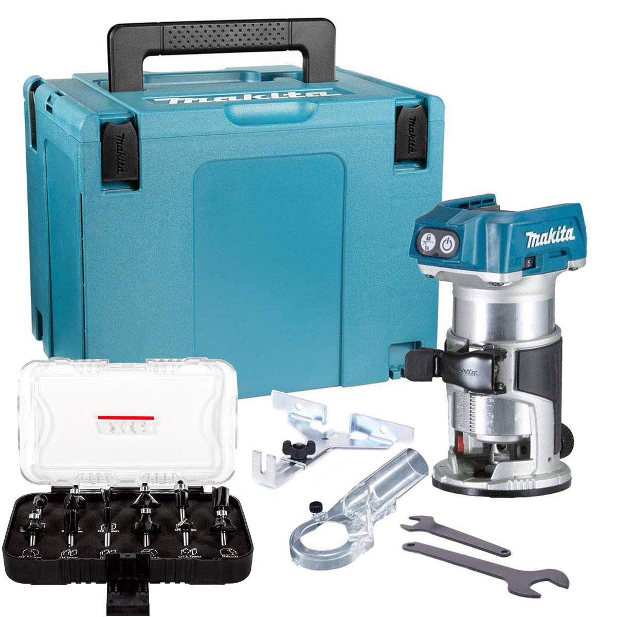 Makita DRT50ZJ 18V Brushless 1/4 Router Trimmer Case + 12 Pcs Router Cutter Set
