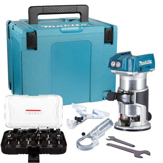 Makita DRT50ZJ 18V Brushless 1/4 Router Trimmer Case + 12 Pcs Router Cutter Set