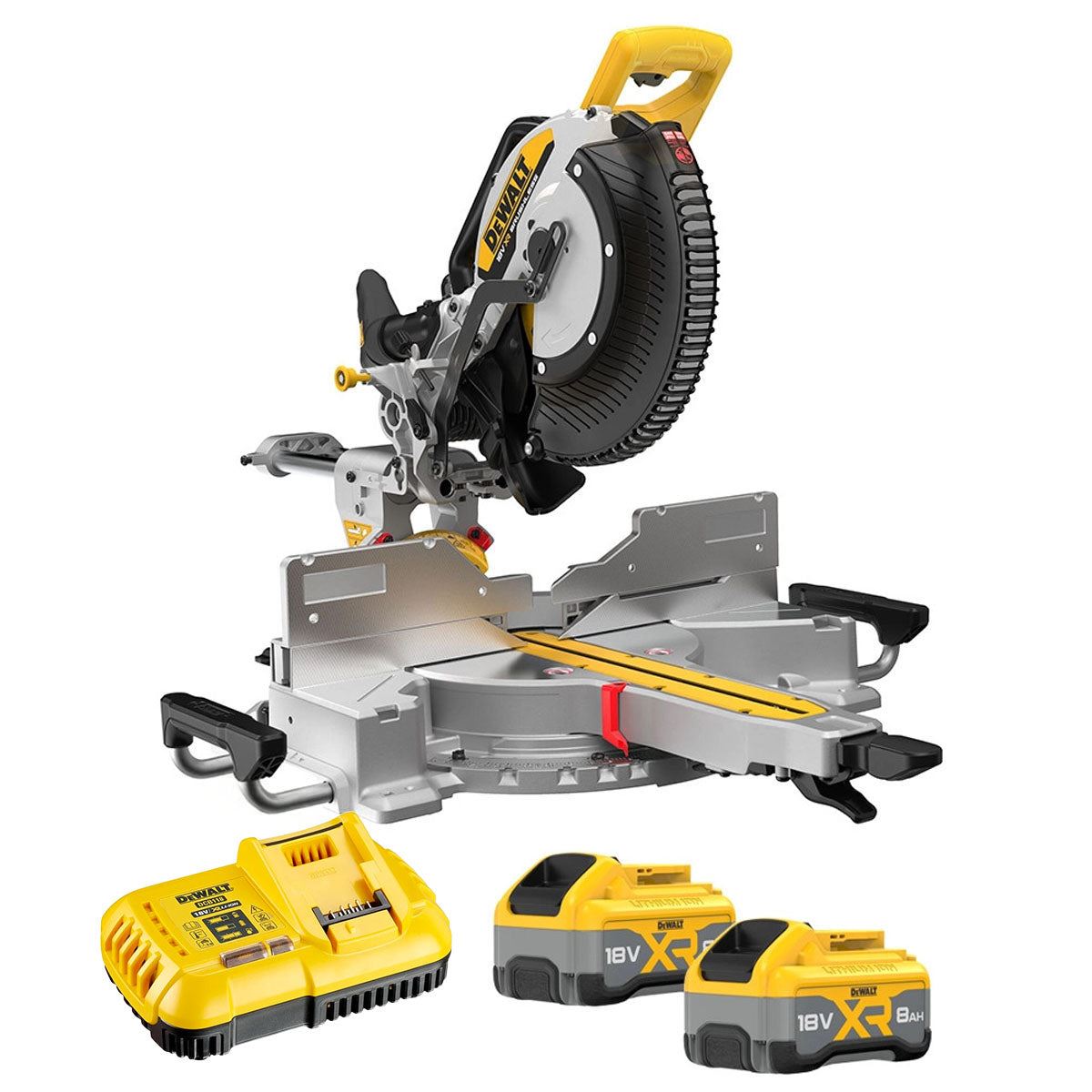 DeWalt DCS782XW2-GB 18V XR Brushless Slide Mitre Saw with 2 x 8.0Ah Battery Charger & Universal Leg Stand