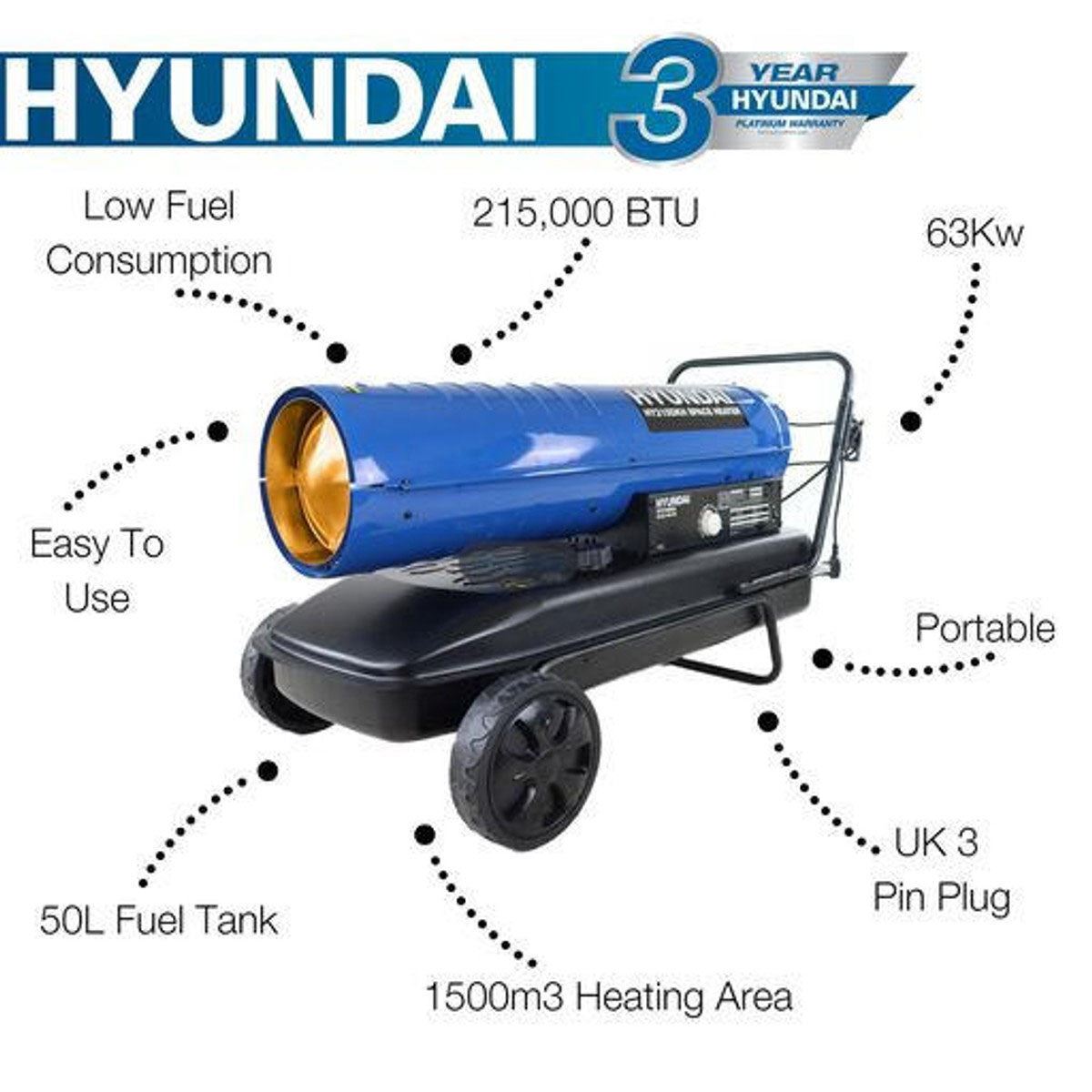 Hyundai HY215DKH Diesel or Kerosene Space Heater, 1500m3 Coverage, Thermostat 63kW/230V