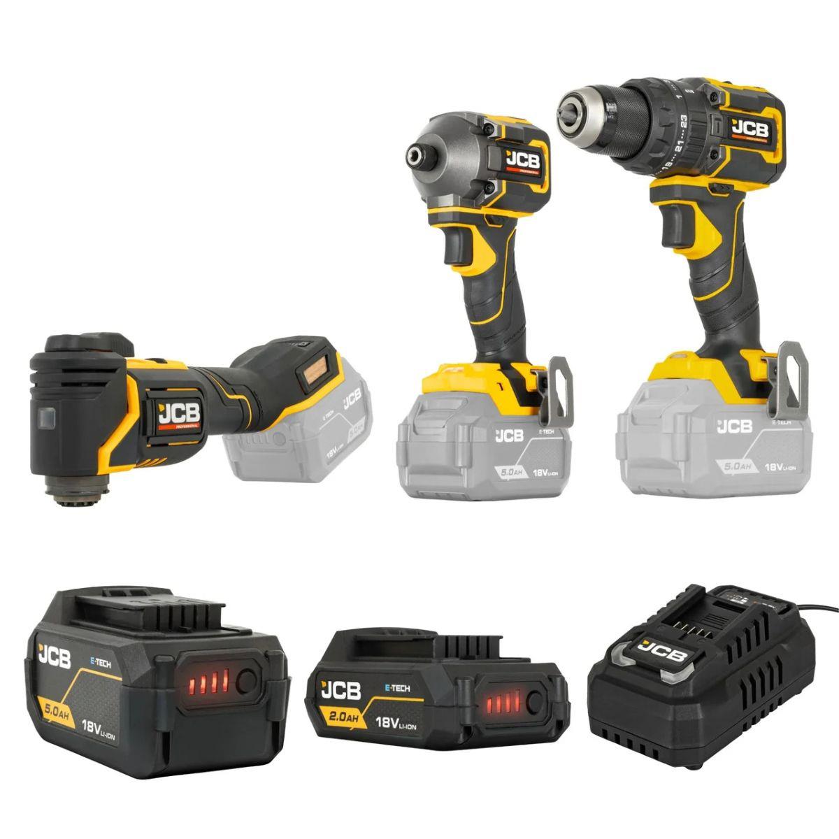 JCB-18PKIT-6 Pro 18V Combi Drill, Impact Driver & Multi Tool With 2Ah & 5Ah Batteries & 4.5A Fast Charger In Soft Tool Bag