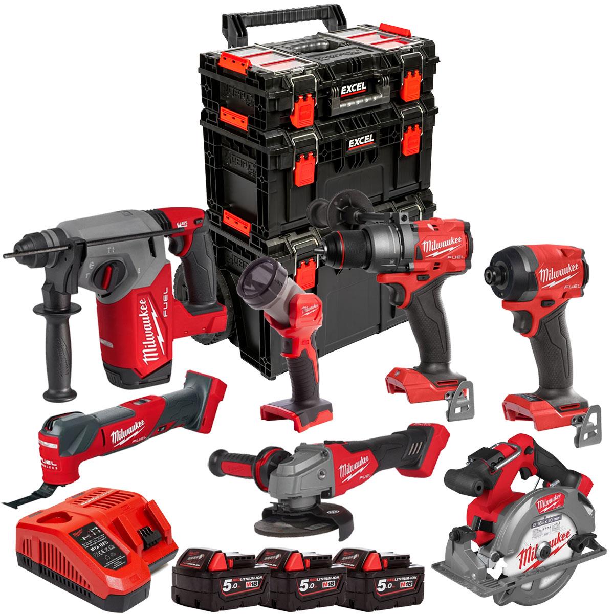Milwaukee M18FPP7A3-503EB 18V FUEL Brushless 7 Piece Tool Kit 3 x 5.0Ah Battery, Charger & Modular Tool Box 3 Piece Set