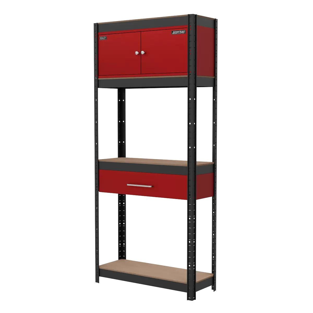 Sealey AP830R Shelving Unit 4-Tier with Cupboard & Drawer 150kg Capacity Per Level
