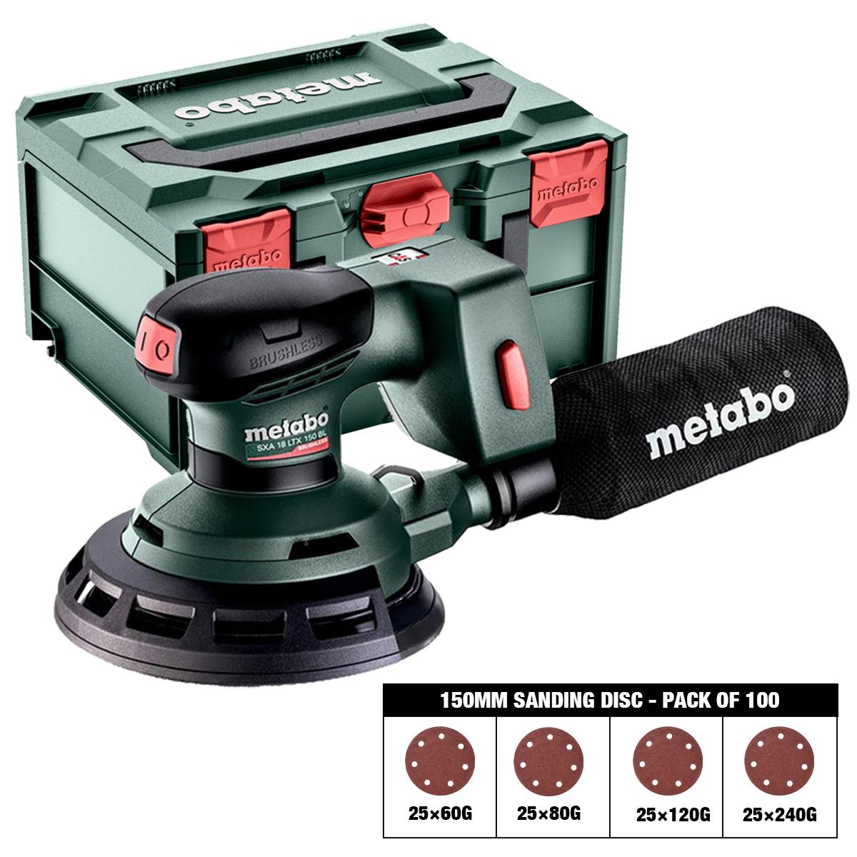 Metabo SXA 18 LTX 150 BL 18V Brushless 150mm Random Orbital Sander with Sanding Disc 60G, 80G, 120G, 240G Pack of 100