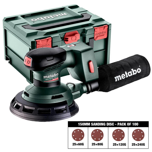 Metabo SXA 18 LTX 150 BL 18V Brushless 150mm Random Orbital Sander with Sanding Disc 60G, 80G, 120G, 240G Pack of 100