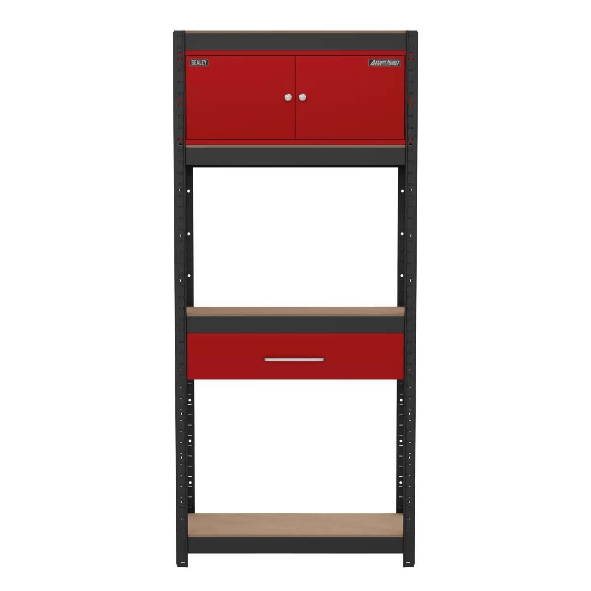 Sealey AP830R Shelving Unit 4-Tier with Cupboard & Drawer 150kg Capacity Per Level