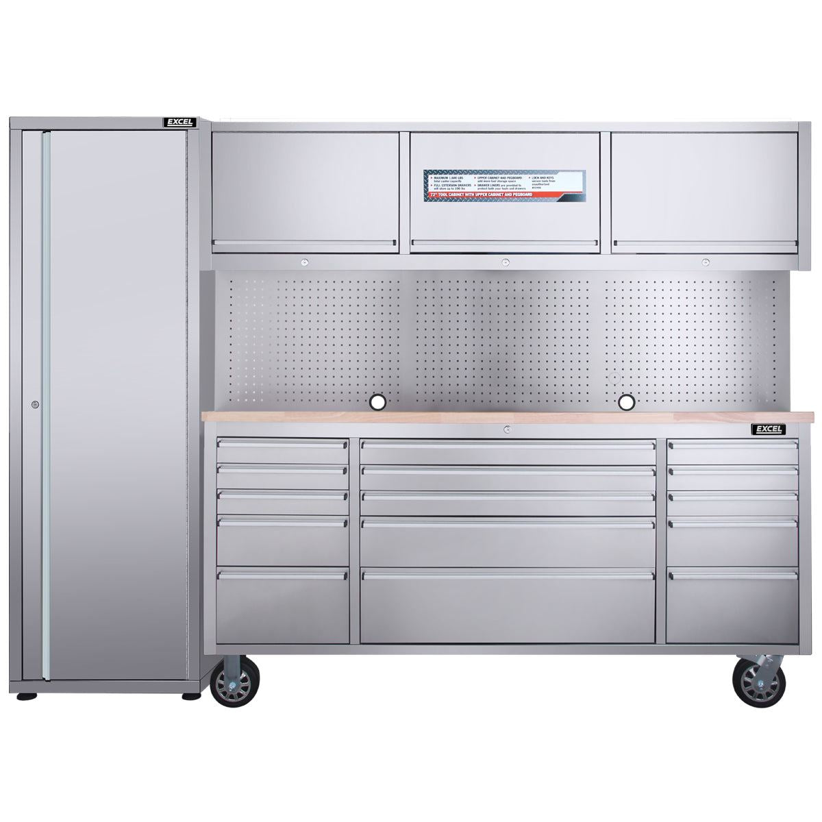 Excel 72inch 15 Drawer Stainless Steel Workbench Roller Tool Chest Cabinet with 3 Overhead Cabinets & Tall Cabinet