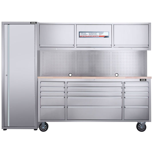 Excel 72inch 15 Drawer Stainless Steel Workbench Roller Tool Chest Cabinet with 3 Overhead Cabinets & Tall Cabinet