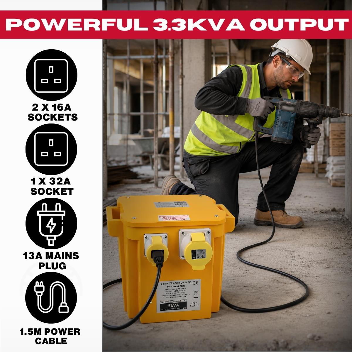 Connexion 5kVA 110V Site Transformer with 2 x 16A, 1 x 32A Sockets, 13A Plug & 1.5m Cable - 10962