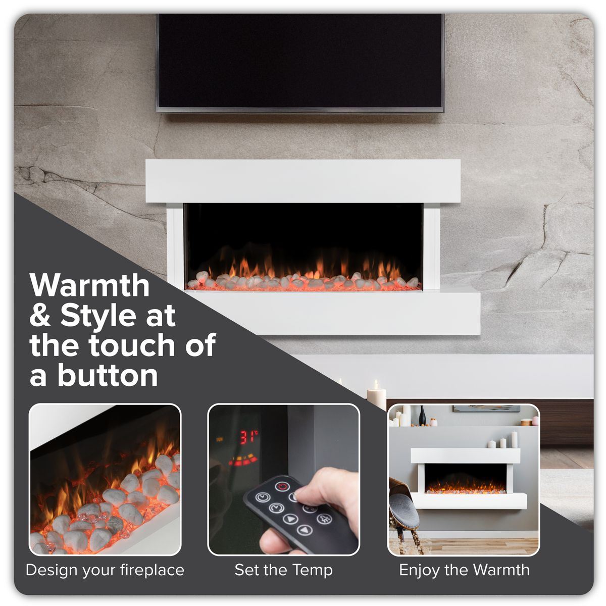 Sealey DH113 Baridi Wall Mounting Electric Fireplace with LED Flame Effect 46