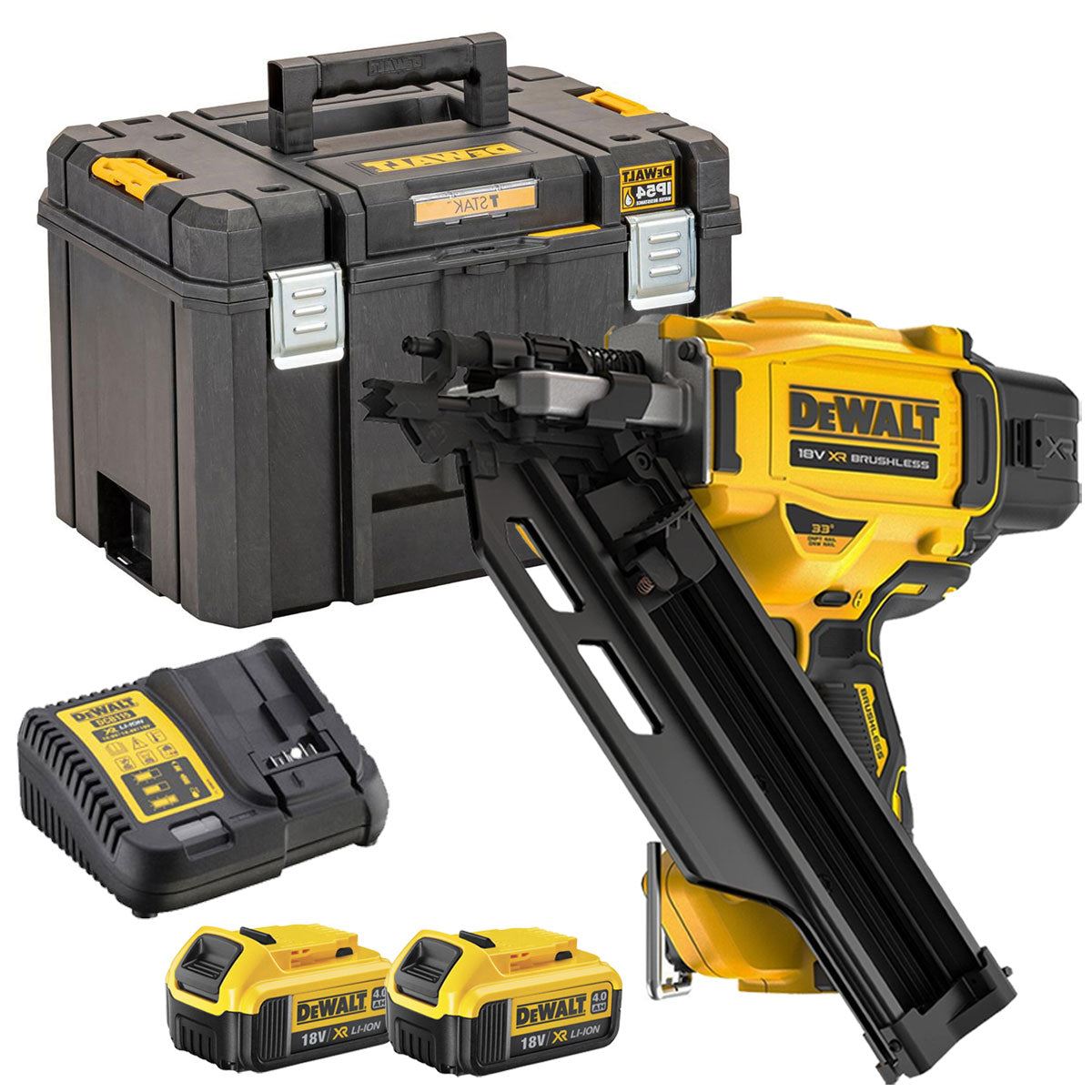 Dewalt DCN930N 18V Brushless 90mm First Fix Framing Nailer with 2 x 4.0Ah Battery Charger & TSTAK Tool Box