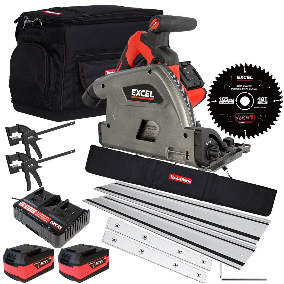 Excel 36V Brushless 165mm Plunge Saw with 2 x 5.0Ah Battery, Dual Charger, Tool Bag, Blade & Guide Rail Accessories Set