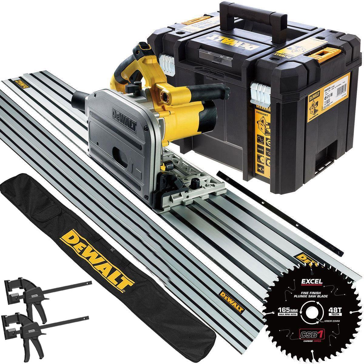 Dewalt DWS520KT 240V Plunge Saw + 2 x 1.5m Guide Rails Connector Clamps with Blade & Bag