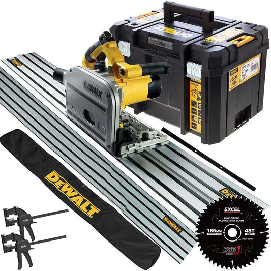 Dewalt DWS520KT 240V Plunge Saw + 2 x 1.5m Guide Rails Connector Clamps with Blade & Bag