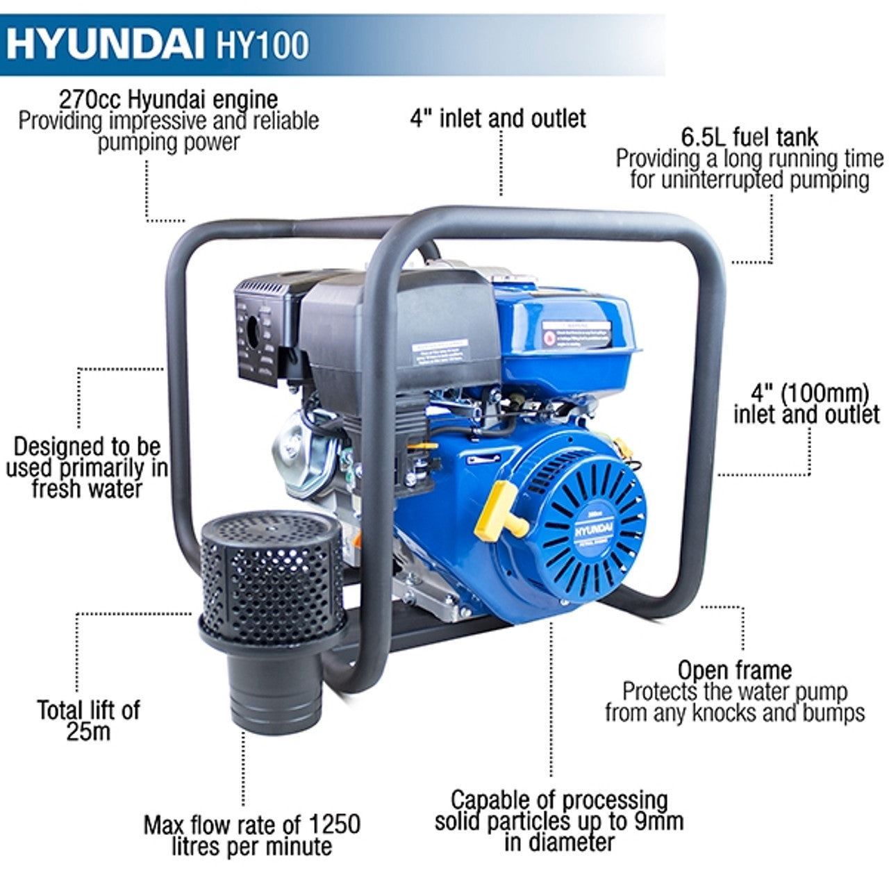Hyundai HY100 4 inch Petrol Clean Water Pump, 20m Total Head, 7m Lift, 1250L/min Flow Rate