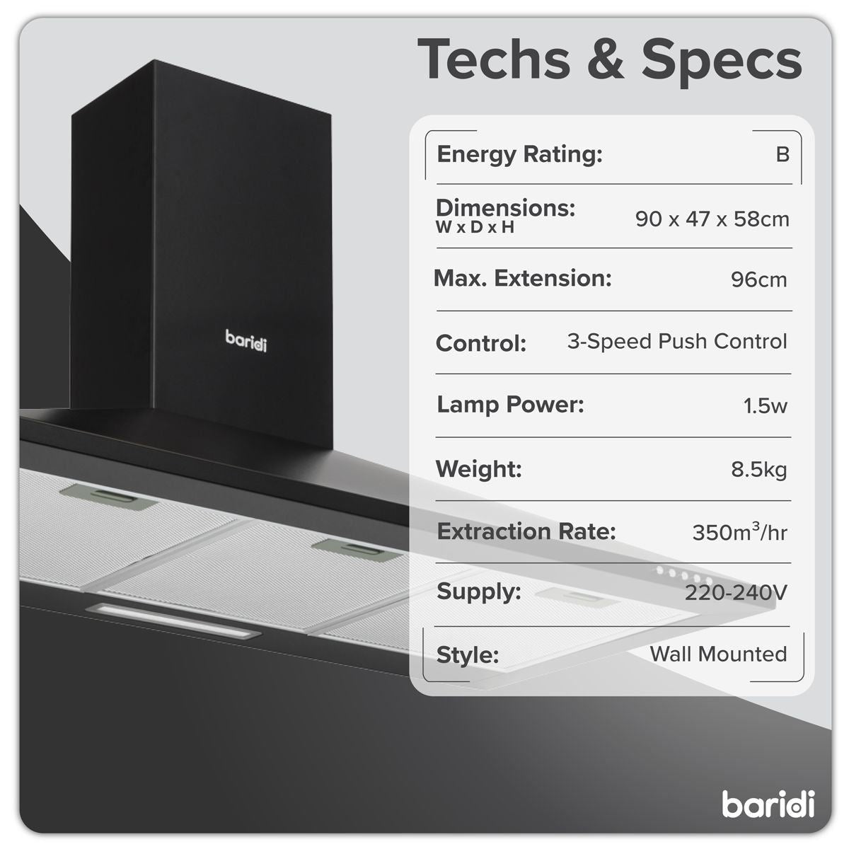 Sealey DH59 Baridi Chimney Style Cooker Hood with Carbon Filters 90cm Black