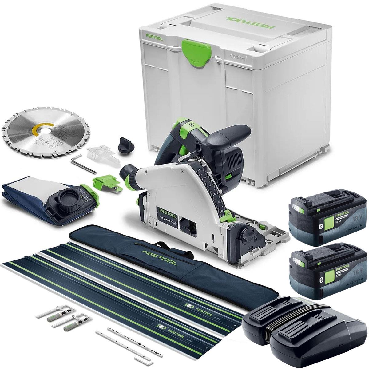 Festool TSC 55 KSEB-Basic 18V Brushless 160mm Plunge Cut Saw 577988 with 2 x 5.0Ah Battery & Guide Rail Kit