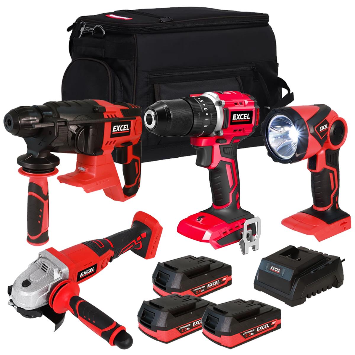 Excel 18V 4 Piece Cordless Power Tool Kit with 3 x 2.0Ah Batteries Charger & 20