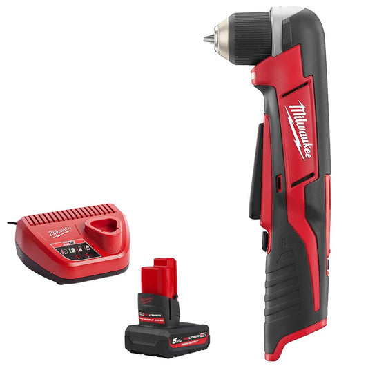 Milwaukee C12RAD-0 12V Sub Compact Right Angle Drill Body with 1 x 5.0Ah Battery & Charger