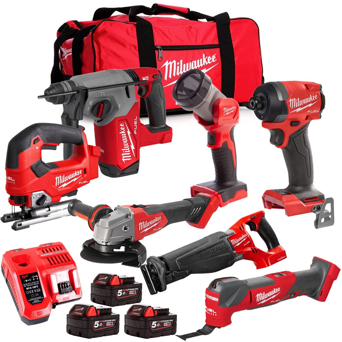Milwaukee M18FPP6L3-503BK5 18V Brushless 7 Piece Tool Kit with 3 x 5.0Ah Batteries Charger & Wheeled Bag