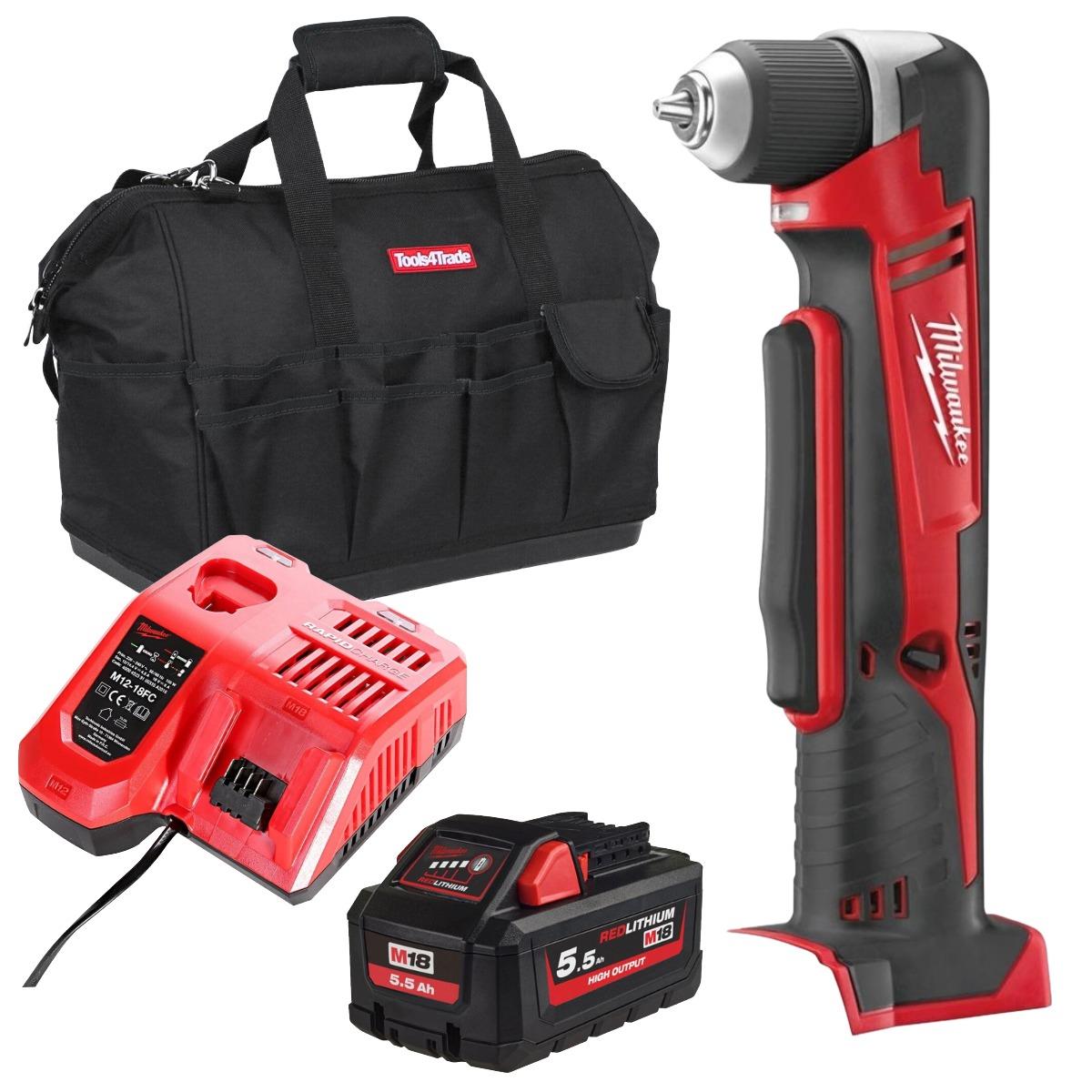 Milwaukee M18C18RAD-0 18V Compact Right Angle Drill with 1 x 5.5Ah Battery, Charger & Bag