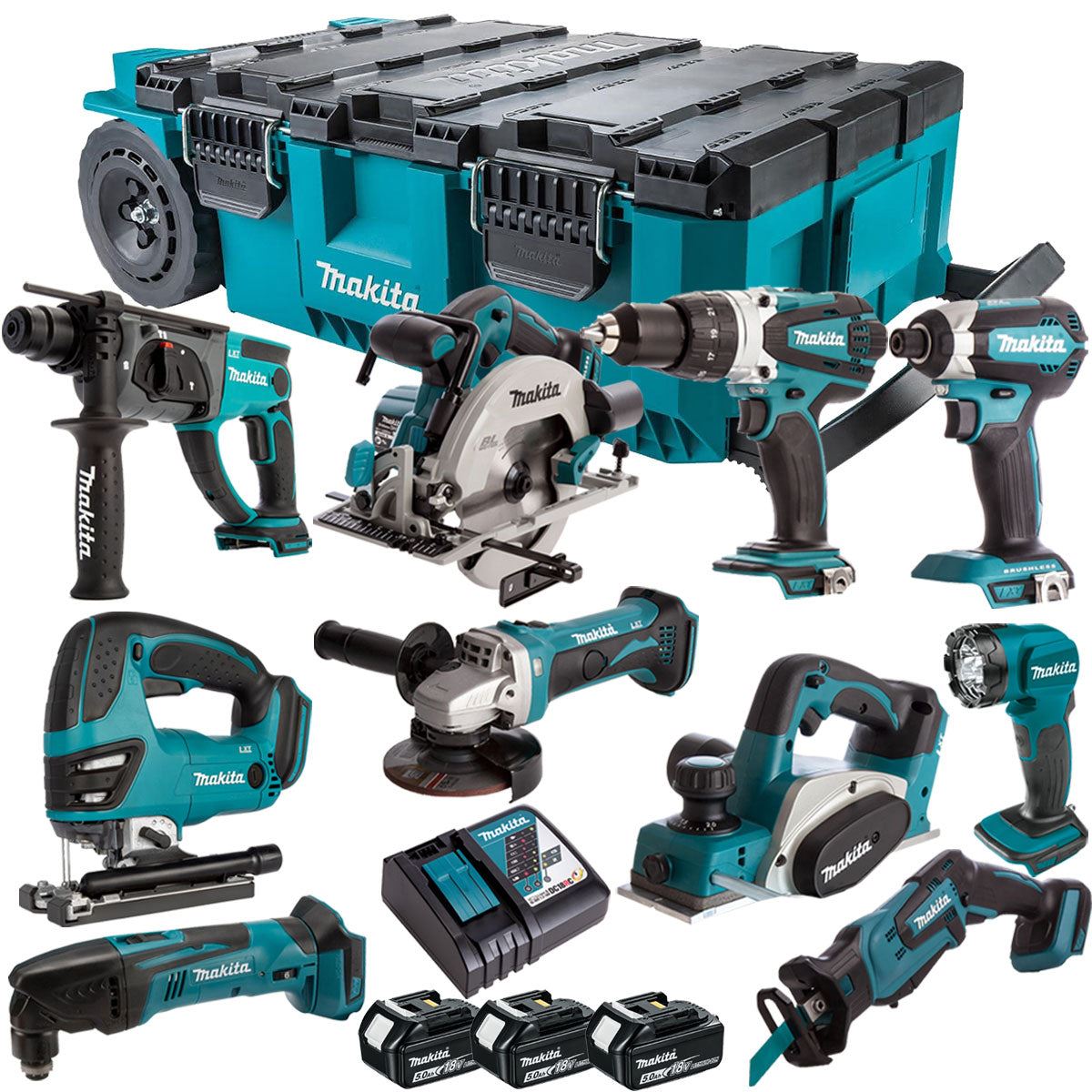 Makita 18V 10 Piece Combo Kit with 3 x 5.0Ah Batteries & MAKTRAK Trolley Toolbox