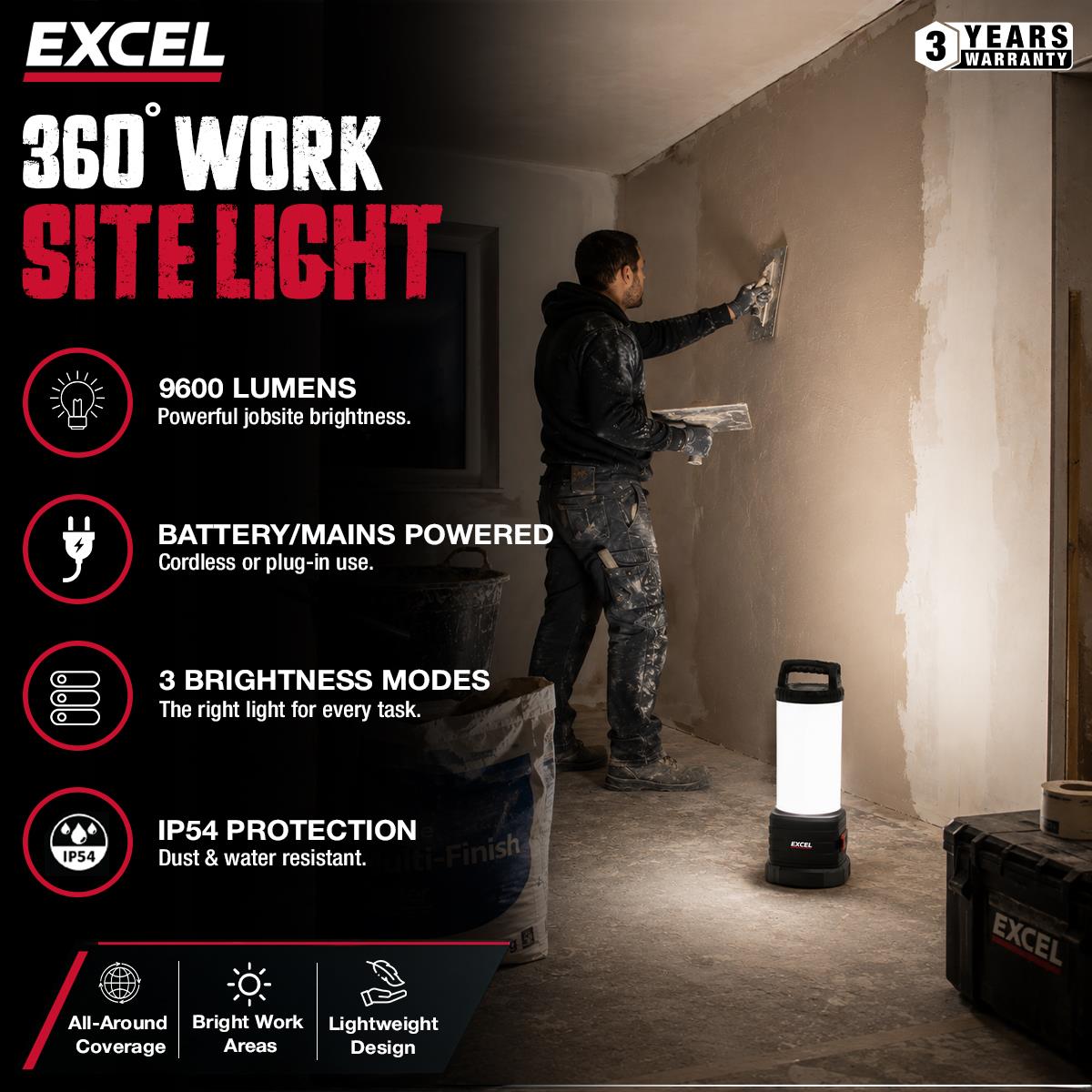Excel 18V/240V 9600 Lumens Hybrid 360° Site Light